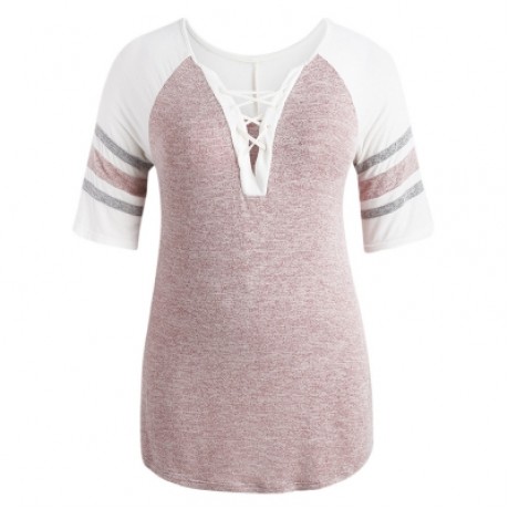 Plus Size Lace Up Side Slit Marled T-shirt (LIGHT PINK)