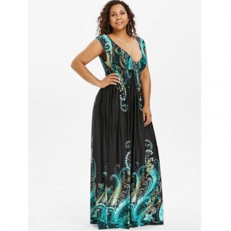 Plus Size Plunge V Neck Paisley Maxi Bohemian Dress (DARK TURQUOISE)