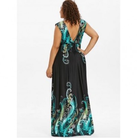 Plus Size Plunge V Neck Paisley Maxi Bohemian Dress (DARK TURQUOISE)