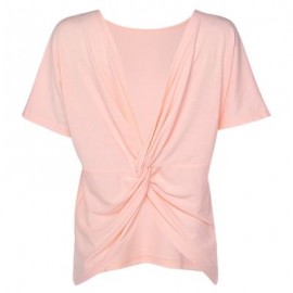 Round Collar Short Sleeve Backless Knot Loose Women T-shirt (PINK BUBBLEGUM)