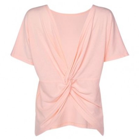 Round Collar Short Sleeve Backless Knot Loose Women T-shirt (PINK BUBBLEGUM)