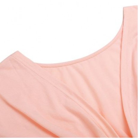 Round Collar Short Sleeve Backless Knot Loose Women T-shirt (PINK BUBBLEGUM)