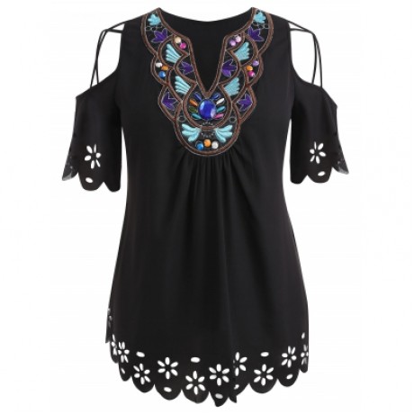 Plus Size Cold Shoulder Scalloped Edge Blouse (BLACK)