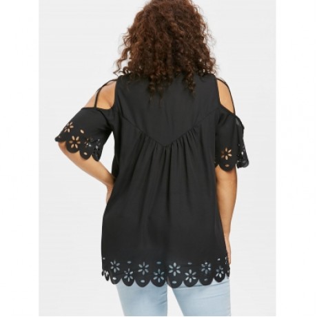 Plus Size Cold Shoulder Scalloped Edge Blouse (BLACK)