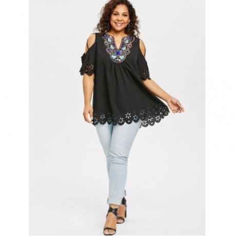 Plus Size Cold Shoulder Scalloped Edge Blouse (BLACK)