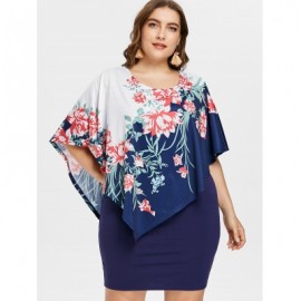 Plus Size Floral Overlay Bodycon Dress (MIDNIGHT BLUE)
