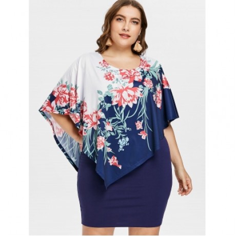 Plus Size Floral Overlay Bodycon Dress (MIDNIGHT BLUE)