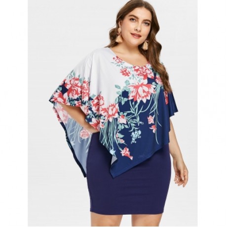 Plus Size Floral Overlay Bodycon Dress (MIDNIGHT BLUE)