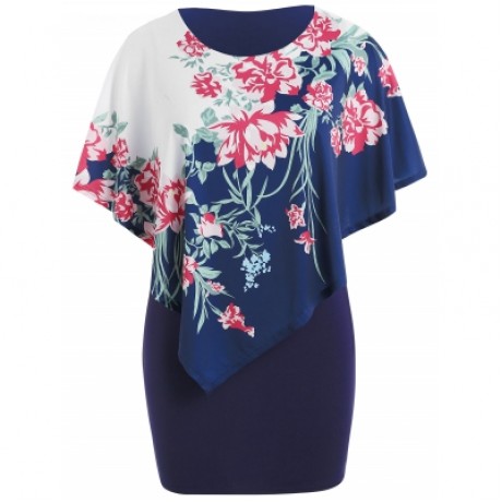 Plus Size Floral Overlay Bodycon Dress (MIDNIGHT BLUE)