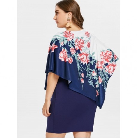 Plus Size Floral Overlay Bodycon Dress (MIDNIGHT BLUE)