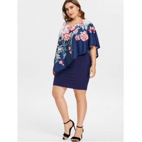 Plus Size Floral Overlay Bodycon Dress (MIDNIGHT BLUE)