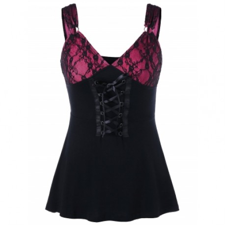 Lace Up Babydoll Tank Top (ROSE RED)