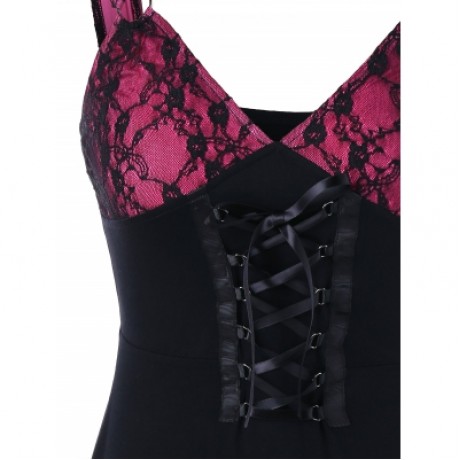 Lace Up Babydoll Tank Top (ROSE RED)