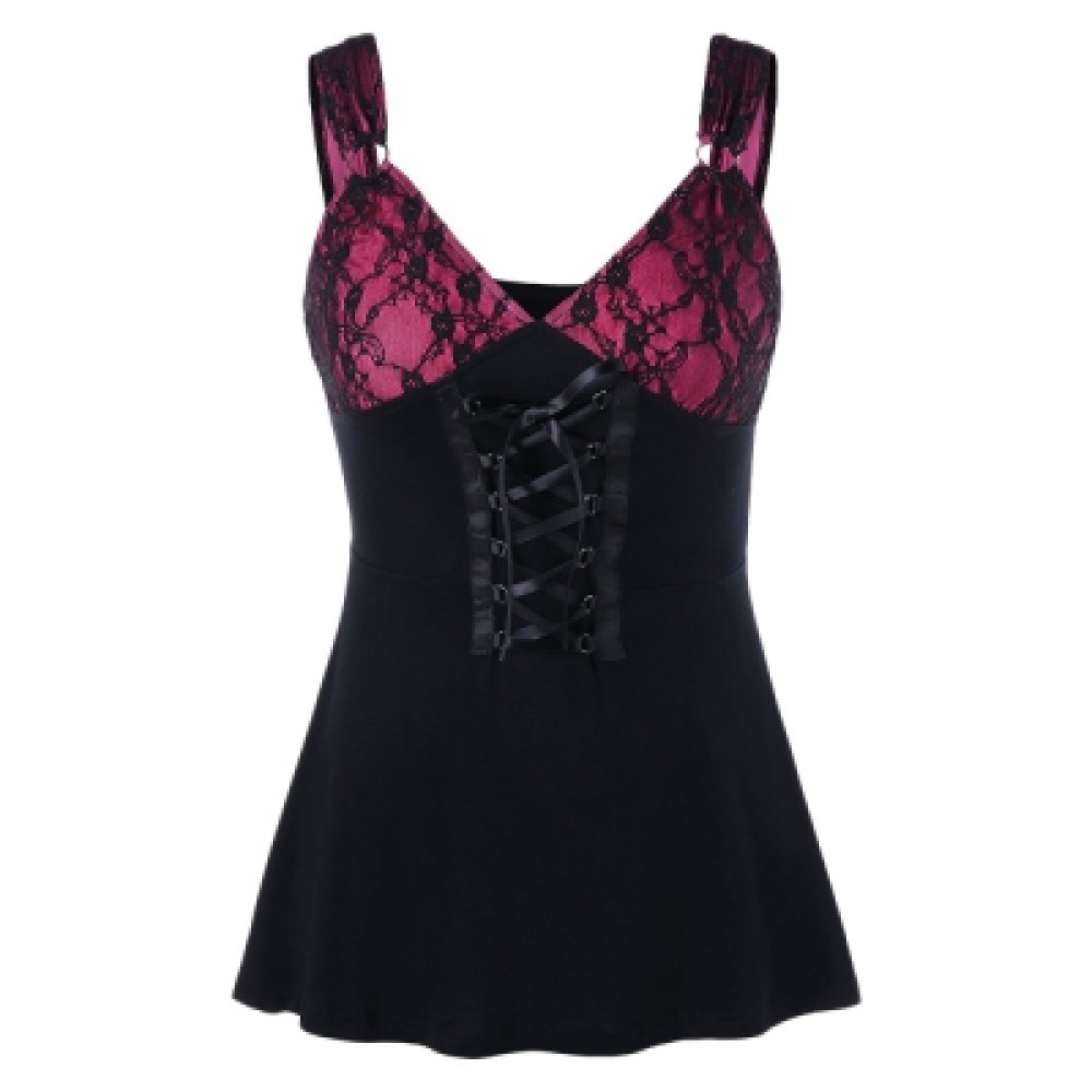 Lace Up Empire Waist Corset Tank Top (ROSE RED)