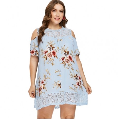 Plus Size Floral Print Cold Shoulder Dress (DAY SKY BLUE)