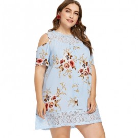 Plus Size Floral Print Cold Shoulder Dress (DAY SKY BLUE)