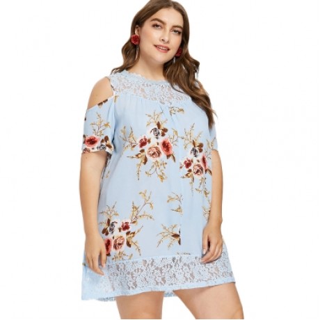 Plus Size Floral Print Cold Shoulder Dress (DAY SKY BLUE)