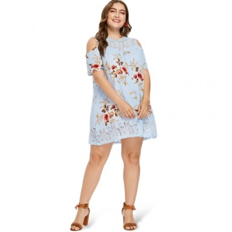 Plus Size Floral Print Cold Shoulder Dress (DAY SKY BLUE)