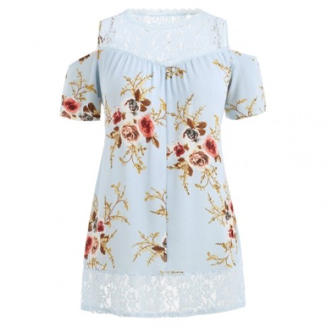 Plus Size Floral Print Cold Shoulder Dress (DAY SKY BLUE)