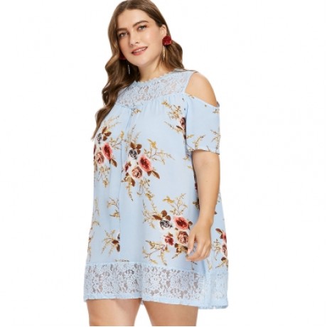 Plus Size Floral Print Cold Shoulder Dress (DAY SKY BLUE)