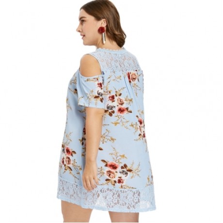 Plus Size Floral Print Cold Shoulder Dress (DAY SKY BLUE)