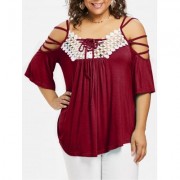 Plus Size Cutwork Cold Shoulder T-shirt (RED WINE)