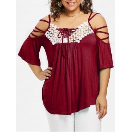 Plus Size Cutwork Cold Shoulder T-shirt (RED WINE)
