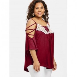 Plus Size Cutwork Cold Shoulder T-shirt (RED WINE)