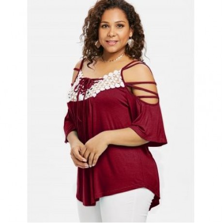Plus Size Cutwork Cold Shoulder T-shirt (RED WINE)