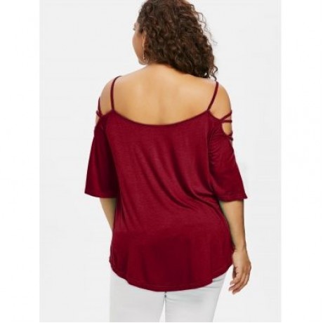 Plus Size Cutwork Cold Shoulder T-shirt (RED WINE)