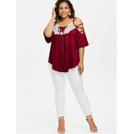 Plus Size Cutwork Cold Shoulder T-shirt (RED WINE)