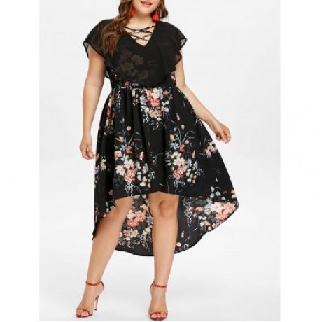 PLUS SIZE TINY FLORAL OVERLAY HIGH LOW DRESS (BLACK)