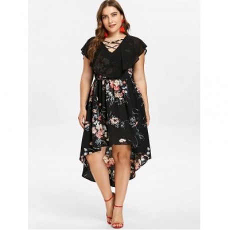 PLUS SIZE TINY FLORAL OVERLAY HIGH LOW DRESS (BLACK)