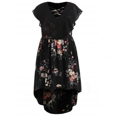 PLUS SIZE TINY FLORAL OVERLAY HIGH LOW DRESS (BLACK)