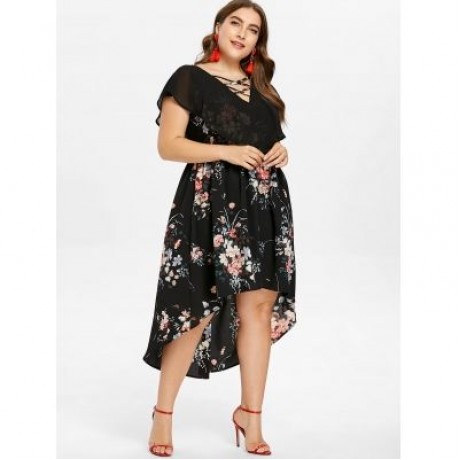 PLUS SIZE TINY FLORAL OVERLAY HIGH LOW DRESS (BLACK)