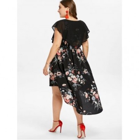 PLUS SIZE TINY FLORAL OVERLAY HIGH LOW DRESS (BLACK)
