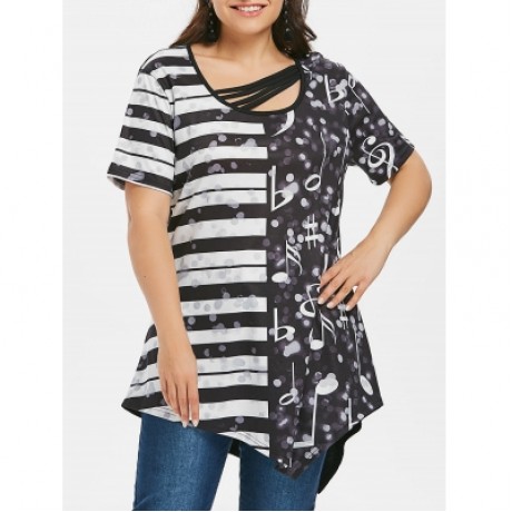 Plus Size Striped Music Note Print Asymmetric T-shirt (BLACK)