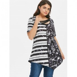 Plus Size Striped Music Note Print Asymmetric T-shirt (BLACK)
