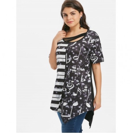 Plus Size Striped Music Note Print Asymmetric T-shirt (BLACK)
