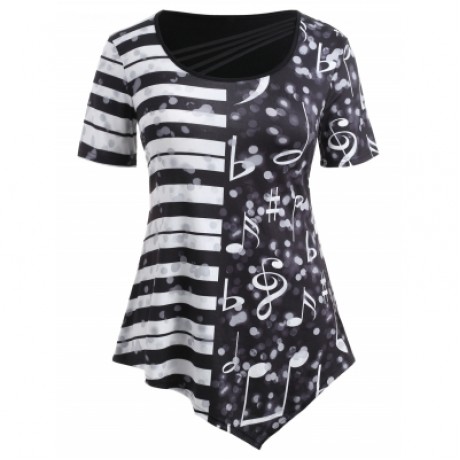 Plus Size Striped Music Note Print Asymmetric T-shirt (BLACK)
