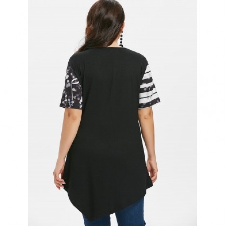 Plus Size Striped Music Note Print Asymmetric T-shirt (BLACK)