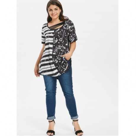 Plus Size Striped Music Note Print Asymmetric T-shirt (BLACK)