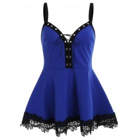 Lace Up Applique Hemline Cami Top  (BLUE ORCHID)