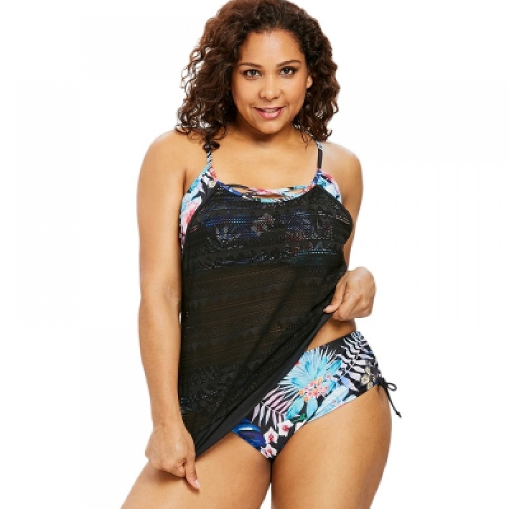 Plus Size Criss Cross Flower Tankini Set (BLACK)