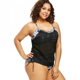 Plus Size Criss Cross Flower Tankini Set (BLACK)