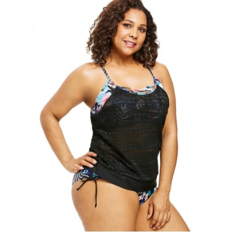 Plus Size Criss Cross Flower Tankini Set (BLACK)