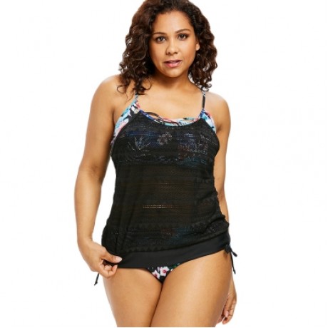 Plus Size Criss Cross Flower Tankini Set (BLACK)