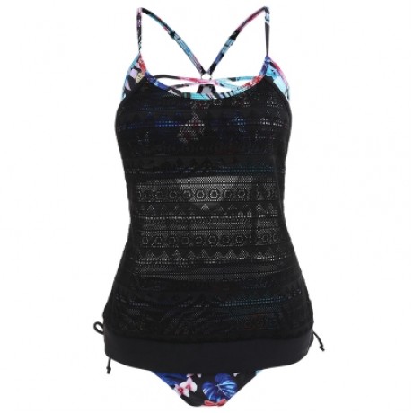 Plus Size Criss Cross Flower Tankini Set (BLACK)