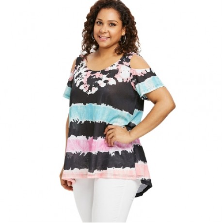 Plus Size Color Blocking Cold Shoulder T-shirt (MULTI)