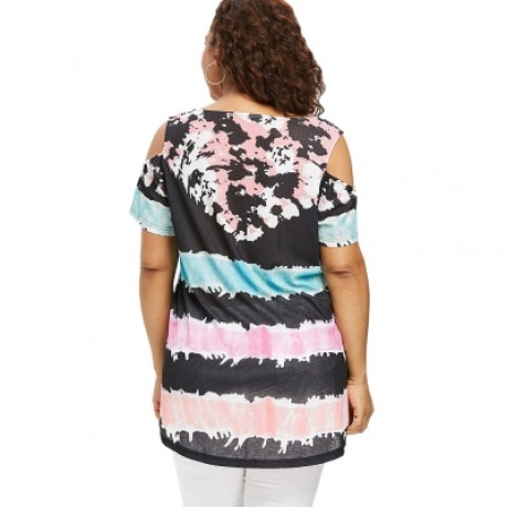 Plus Size Color Blocking Cold Shoulder T-shirt (MULTI)